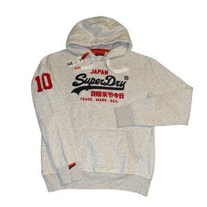 Superdry Men's Light Gray Crewneck Hoodie with Red Logo